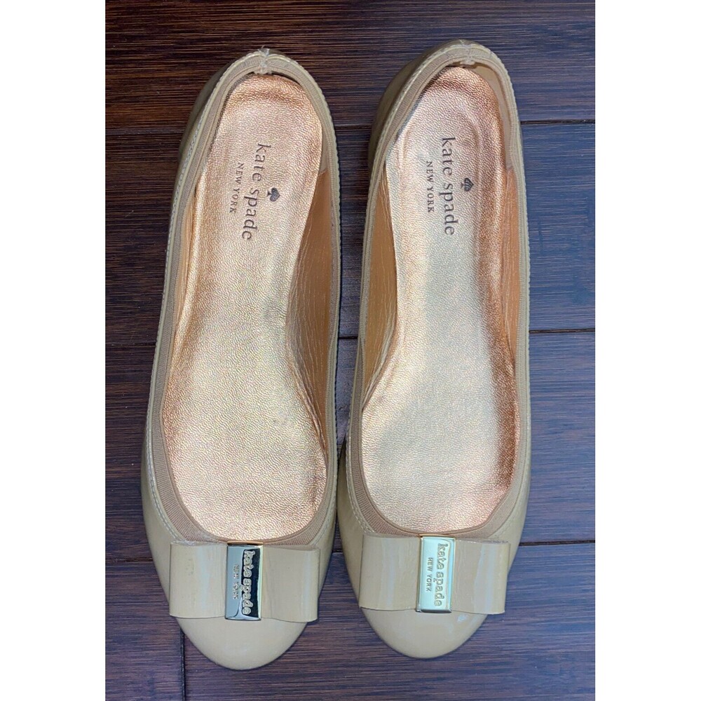 Kate Spade New York Patent Leather Ballet Flats Tan Bow Slip On Shoes 8.5 M - Picture 5 of 13